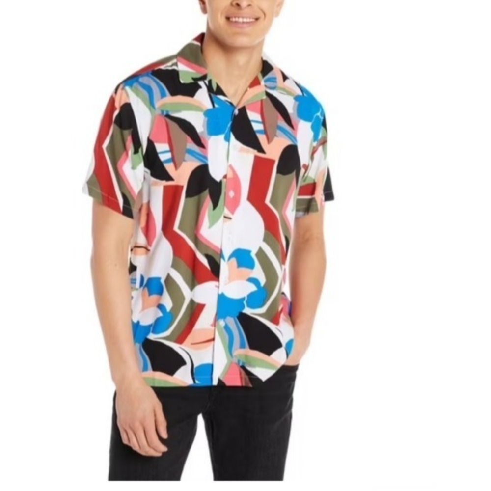 No Boundaries Button Up Shirt Short Sleeves Multi Abstract Floral Rayon S 34-36
